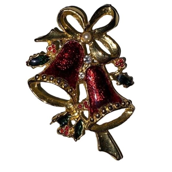 Vintage Holiday Christmas Red & Green Enamel Bells & Holly Gold Tone Brooch Pin - Picture 1 of 6